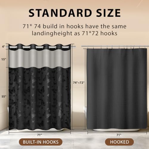 FADOTY No Hook Shower Curtain Snap in Liner Set with Black Butterfly Design