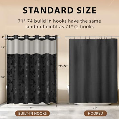 FADOTY No Hook Shower Curtain Snap in Liner Set with Black Butterfly Design