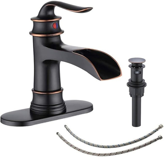 FRANSITON Waterfall Faucet Bathroom Faucet Single Handle One Hole Oil Rubbed Bronze Finish Large Spout Lavatory Faucets Oil Rubbed Bronze