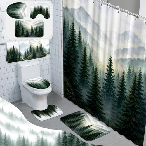 FuWeave 8 Pcs Green Forest Shower Curtain Set for Bathroom Decor Include Nature Misty Mountain Woodland Shower Curtain Towels Non Slip Rugs Toilet Lid Cover Bath Mat and 12 Hooks for Bathroom Decor