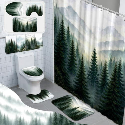 FuWeave 8 Pcs Green Forest Shower Curtain Set for Bathroom Decor Include Nature Misty Mountain Woodland Shower Curtain Towels Non Slip Rugs Toilet Lid Cover Bath Mat and 12 Hooks for Bathroom Decor