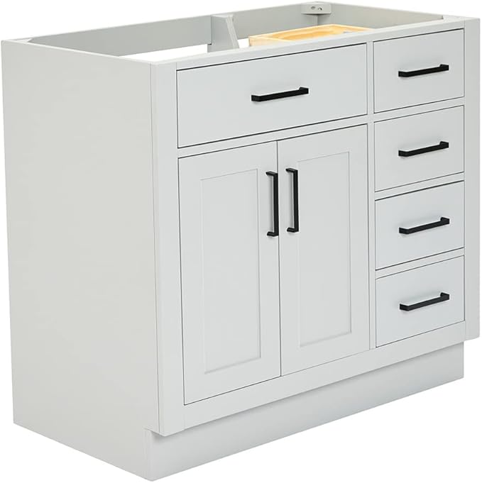 ARIEL Hepburn 36-inch Bathroom Vanity Base Cabinet,Solid Wood, 2 Soft Closing Doors, 5 Dovetail Drawers, Grey