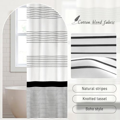 Black Stripe Boho Cotton Striped Shower Curtain with Tassel 72"W X 72"L