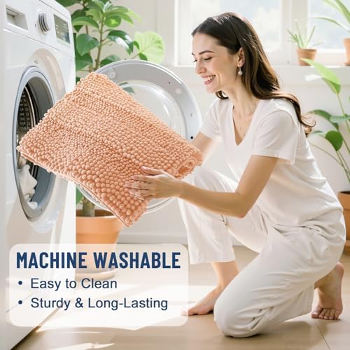 Grandaily Chenille Striped Bathroom Rugs 44x24, Extra Thick and Soft Absorbent Bath Mats, Rubber Backing, Plush Shaggy Shower Carpet, Machine Wash Dry, Bath Rug for Bathroom, Peach