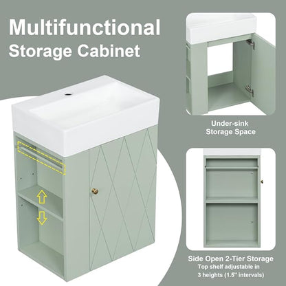 20" Floating Small Bathroom Vanity with Sink, Wall Mounted Vanity for Compact Bathrooms, Space-Saving Narrow Bathroom Vanities with Soft-Close Door Open Shelf Towel Bar (Green,20" Floating Door)