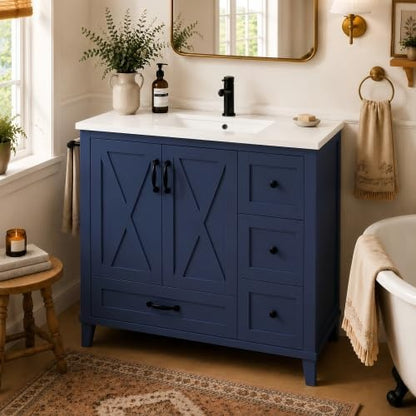 36" Bathroom Vanity with Sink, Freestanding Bathroom Cabinet | Ceramic Top & Backsplash, 4 Storage Drawers, X-Shaped Doors, Adjustable Shelving, Door Storage and Towel Bar, Navy Blue