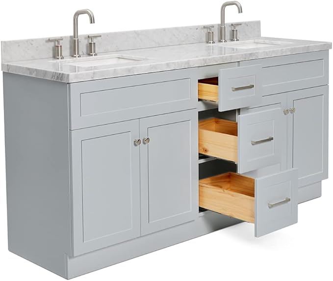 DKB Bradford 72 Inch Bathroom Vanity Double Sink — Grey Bathroom Vanity with Sink, 1.5" Edge Italian Carrara Marble Countertop & Backsplash, 4 Soft-Close Doors, and 3 Dovetail Drawers