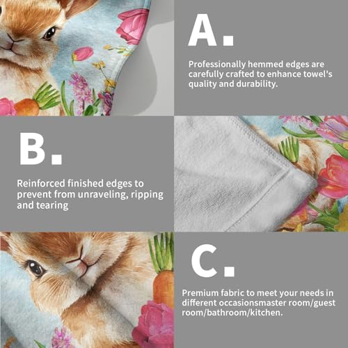 Easter Bunny Hand Towels, 14x28 Inch Spring Tulip Floral Rabbit Butterfly Absorbent Soft Dish Washing Cloth Face Tea Towels for Kitchen Bathroom Farmhouse Seasonal Decoration