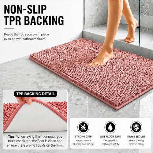 Bathroom Rugs Sets 2 Piece,Super Absorbent Soft,Thick,Machine Washable Chenille Bath Mat,Non Slip Toilet Floor Rug,Bath Mats for Bathroom,20x32 Plus 20x20 U Shape,Dusty Rose