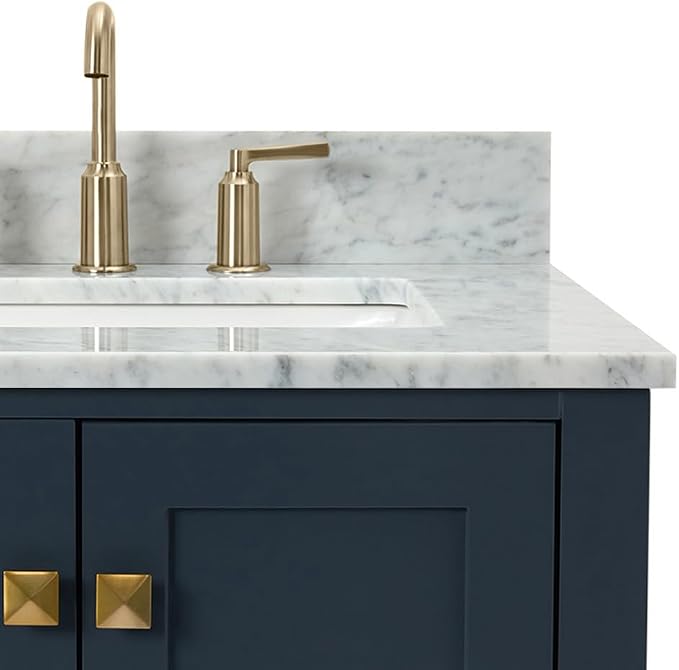 ARIEL Cambridge 36-inch Bathroom Vanity with Sink,Solid Wood, 0.75-inch Italian Carrara Marble Countertop, Single Rectangular Porcelain Sink, 2 Soft Closing Doors, 5 Dovetail Drawers, Midnight Blue