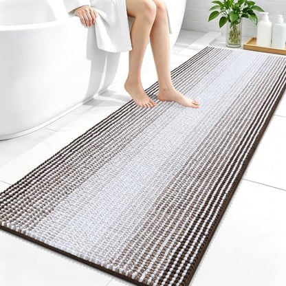 OLANLY Bathroom Runner Rugs 59x24, Soft Chenille Striped Bath Rugs, Brown
