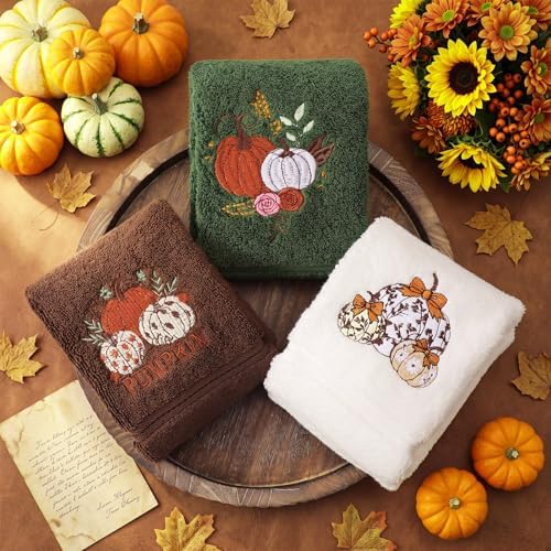 FuWeave 3 Pcs Green Brown Fall Pumpkin Hand Towels for Bathroom
