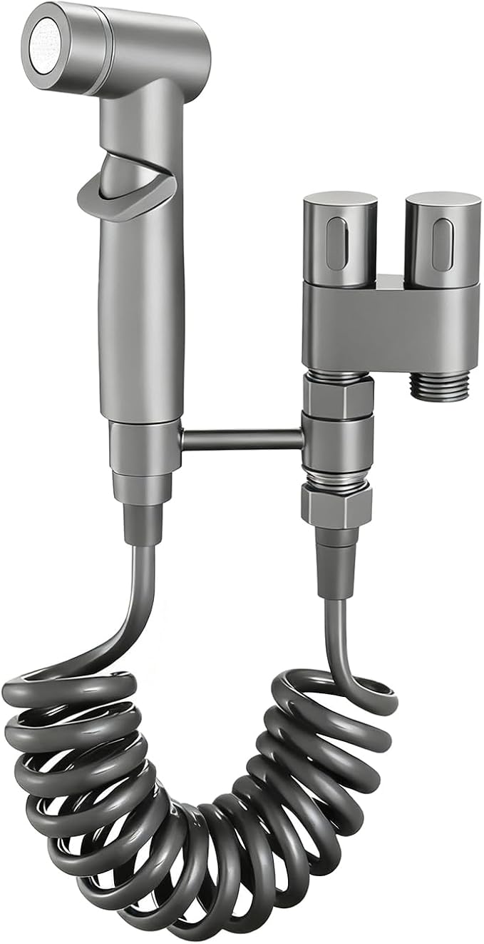 Generic Toilet Faucet Splitter 2-Way Double Faucet Adapter, 1-in-2-Out Dual Control Valve Handheld Bidet Sprayer, Stainless Steel & Brass, Black, Bathroom Accessory（Gray）