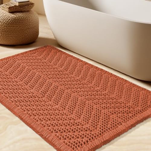 Upgrade Waffle Bath Mat, Boho Bathroom Rugs Absorbent Non Slip, Ultra Soft Bathroom Mat, Machine Washable Knit Bath Rugs with Herringbones for Bathroom, Bedroom, Kitchen, Tub, 32"x20", Burnt Orange