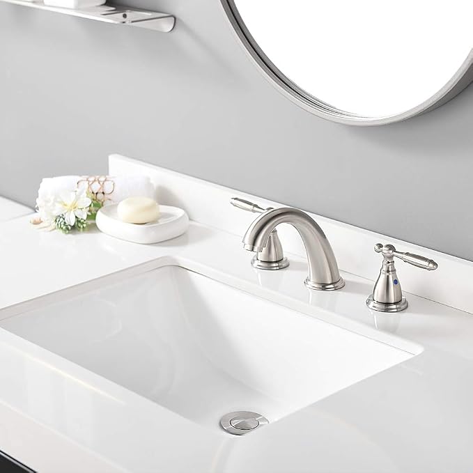 8 Inch 3 Holes Brushed Nickel Low Arc Widespread Bathroom Sink Faucet, 2 Handles Bathroom Faucet with Stainless Steel Pop Up Drain, WF008-4-BN