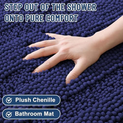 Grandaily Chenille Striped Bathroom Rugs 36x24, Extra Thick and Soft Absorbent Bath Mats, Rubber Backing, Plush Shaggy Shower Carpet, Machine Wash Dry, Bath Rug for Bathroom, Twilight Sapphire