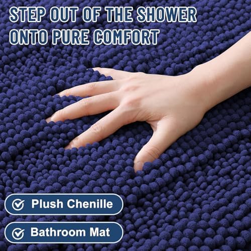 Grandaily Chenille Striped Bathroom Rugs 24x16, Extra Thick and Soft Absorbent Bath Mats, Rubber Backing, Plush Shaggy Shower Carpet, Machine Wash Dry, Bath Rug for Bathroom, Twilight Sapphire