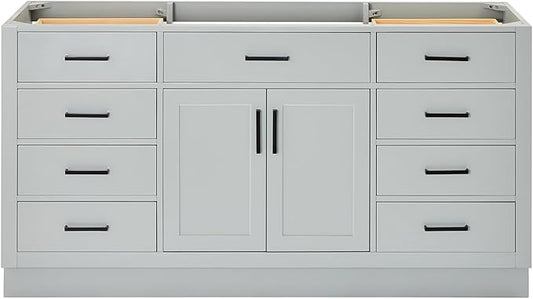 ARIEL Hepburn 66-inch Bathroom Vanity Base Cabinet,Solid Wood, 2 Soft Closing Doors, 9 Dovetail Drawers, Grey