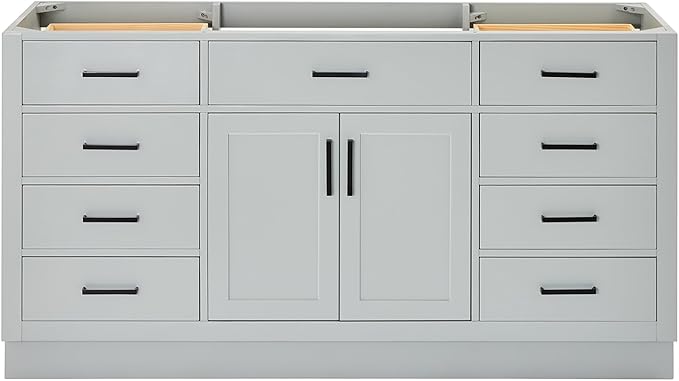 ARIEL Hepburn 66-inch Bathroom Vanity Base Cabinet,Solid Wood, 2 Soft Closing Doors, 9 Dovetail Drawers, Grey