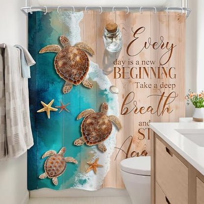 Ocean Beach Turtle Blue Brown Sand Beachy Sea Bathroom Shower Curtain Set