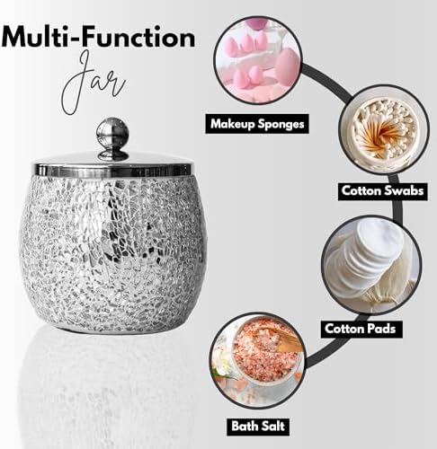 Escenzy Silver Bathroom Accessories Set 4 Pcs | Handcrafted Mosaic Glass Soap Dispenser, Toothbrush Holder, Cotton Jar, Soap Tray | Luxury Silver Glitter Bathroom Decor | Glam Home Gift