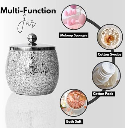 Escenzy Silver Bathroom Accessories Set 4 Pcs | Handcrafted Mosaic Glass Soap Dispenser, Toothbrush Holder, Cotton Jar, Soap Tray | Luxury Silver Glitter Bathroom Decor | Glam Home Gift