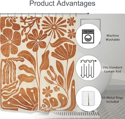 Matisse Flower Shower Curtain 60Wx72L Inch Abstract Retro Aesthetic Minimalist Vintage Art 70s Modern Burnt Orange Bathroom Set Accessories Decor with 12 Pack Hooks