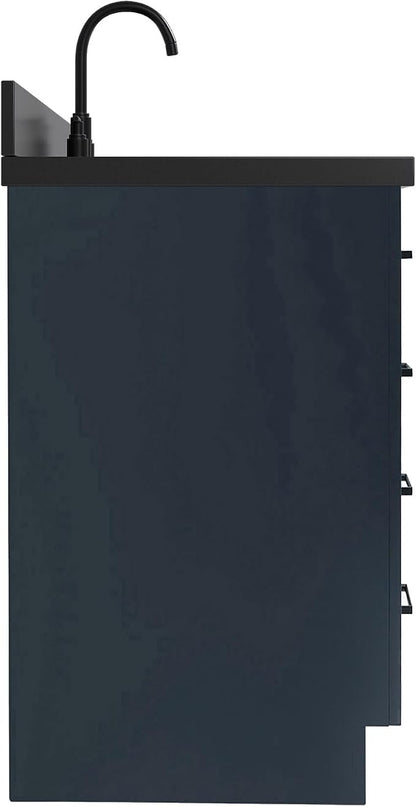 ARIEL Hepburn 60-inch Bathroom Vanity with Sink,Solid Wood, 1.5-inch Carbon Black Quartz Countertop, Single Rectangular Porcelain Sink, Soft Closing Doors, Dovetail Drawers, Midnight Blue
