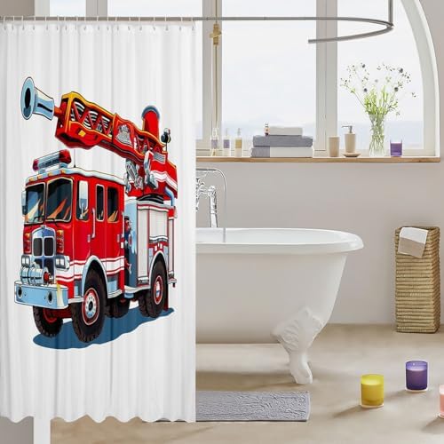 3D Fire Truck Fabric Bathroom Shower Curtain Cartoon Car Vehicle Waterproof Shower Curtains for Kids Boys Girls Firemen Rescue Fire Fighting Shower Curtain with Hooks Red Car Curtain,72x78 Inches