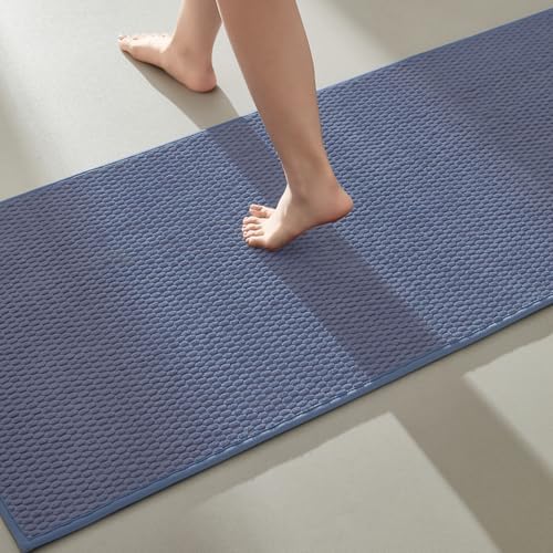TYUU Bathroom Runner Rugs, Long Bath Mat Runner Washable Thin Quick Dry Low Pile Bathroom Runner Rugs Non Slip, Denim Blue 16"x60"
