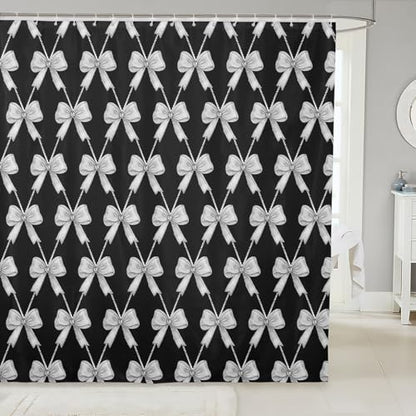 jejeloiu Cute Bow Bathroom Accessories 72"x78" Gray Black Bowknot Shower Curtain for Bathroom Decor Kawaii Girls Bath Curtain Waterproof Polyester Fabric with 12 Hooks for Stalls Bathtubs Princess