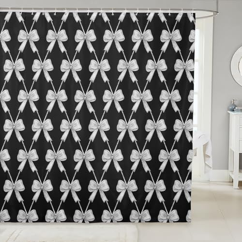 jejeloiu Cute Bow Bathroom Accessories 72"x84" Gray Black Bowknot Shower Curtain for Bathroom Decor Kawaii Girls Bath Curtain Waterproof Polyester Fabric with 12 Hooks for Stalls Bathtubs Princess