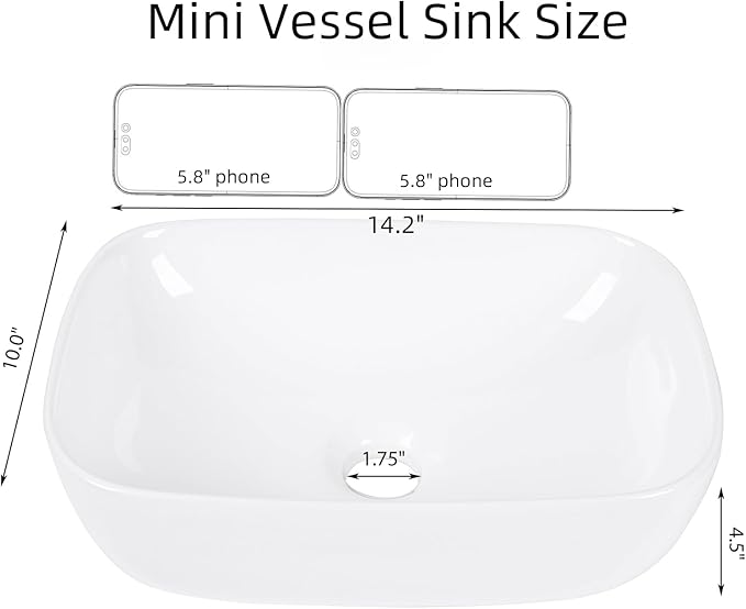 Small Vessel Sink Bowl Above Counter, QISHKA 14" x 10" Ceramic Oval Modern Bathroom Sink White Vanity Sink Lavatory Art Basin