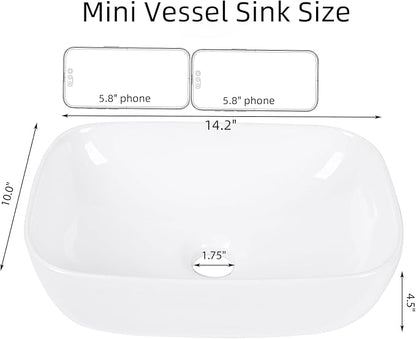 Small Vessel Sink Bowl Above Counter, QISHKA 14" x 10" Ceramic Oval Modern Bathroom Sink White Vanity Sink Lavatory Art Basin