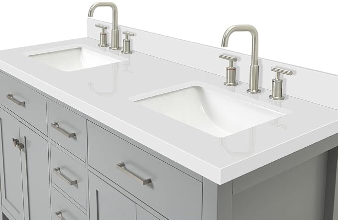 ARIEL Bristol 60-inch Bathroom Vanity with Sink,Solid Wood, 1.5-inch Pure White Quartz Countertop & Backsplash, Double Rectangular Porcelain Sink, 4 Soft Closing Doors, 3 Dovetail Drawers, Grey