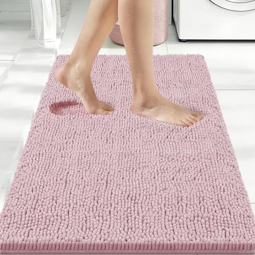 Bcoimo Bath Rug Mat,48x30 Chenille Non Slip Pink Long Bathroom Runner Rugs