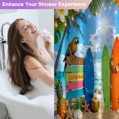 Summer Hawaiian Waterproof Shower Curtain with Hooks, Tropical Hawaiian Beach Shower Curtain with Weighted Bottom & Metal Grommets, Machine Washable Coastal Shower Curtains for Bathroom, 72"W x 72"L