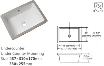 Lordear 17x12 Inch Undermount Bathroom Sink Vanity Small Sinks Rectangle Pure White Porcelain Ceramic Bath Lavatory Vanity Sink Basin with Overflow