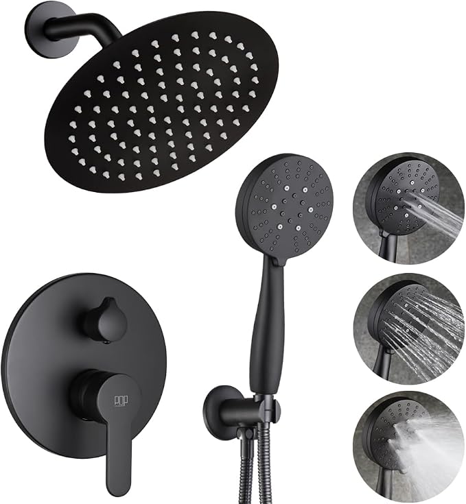 Matte Black Shower Faucet Set, 8 Inch Rainfall Shower Head and Handle Set, Bathroom Rain Shower System, Wall Mounted Shower Fixtures, Include Shower Valve and Trim Kit
