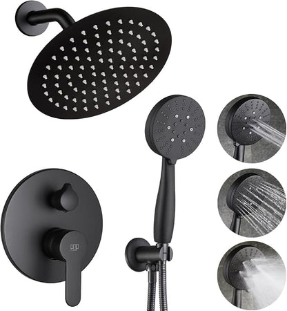 Matte Black Shower Faucet Set, 8 Inch Rainfall Shower Head and Handle Set, Bathroom Rain Shower System, Wall Mounted Shower Fixtures, Include Shower Valve and Trim Kit