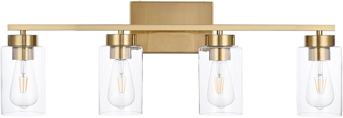 4 Light Bathroom Vanity Light Fixtures, Brushed Brass Modern Wall Lights with Clear Glass Shade, Vintage Wall Sconce Lighting for Living Room, Mirror, Bedroom, Hallway (Gold, 4-Lights)