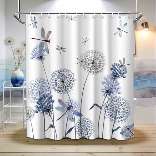 Navy Blue Dandelion Shower Curtain Spring Dark Blue Dragonfly Grey White Watercolor Shower Curtains for Bathroom Decor, Waterproof Cloth Fabric with Hooks 70" Wx72 L