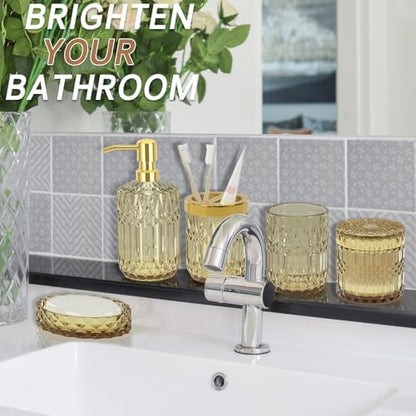 Brown Bathroom Accessory Set 5PCS - Amber Glass Bathroom Accessories with Toothbrush Holder Set, Soap Dispenser, Soap Dish, Tumbler, Cotton Swab Jars, Vintage Bathroom Decor Set Housewarming Gift