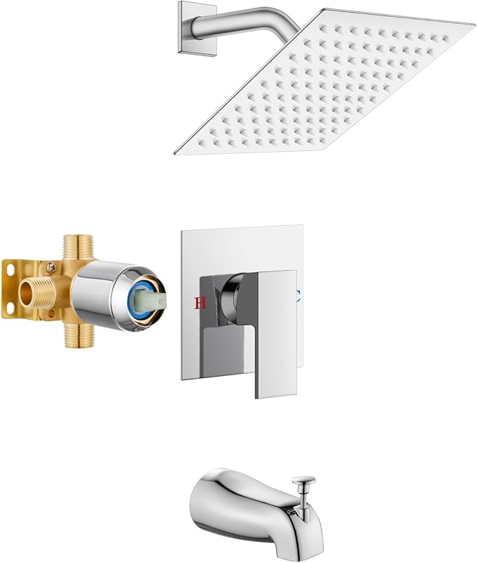 Airuida 8 Inch Shower Faucet Set,Bathtub Faucet Kit,Chrome Polish | Shower Tub Faucet Set,Male Threads Rough-In Valve,Square Head Shower System