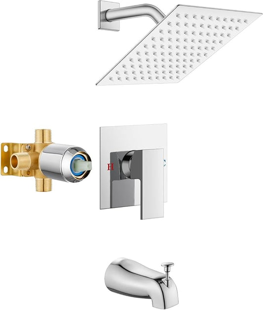 Airuida 8 Inch Shower Faucet Set,Bathtub Faucet Kit,Chrome Polish | Shower Tub Faucet Set,Male Threads Rough-In Valve,Square Head Shower System
