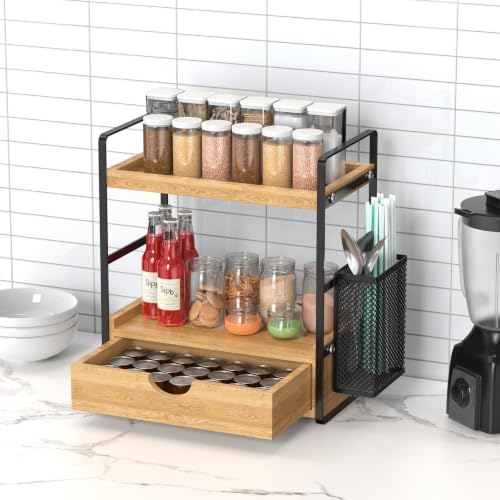 LEMIKKLE Bathroom Counter Organizer with Drawer and Basket,Wood Countertop Organizer for Bathroom Decor Makeup Tray for Perfume Skincare Bedroom Kitchen Corner