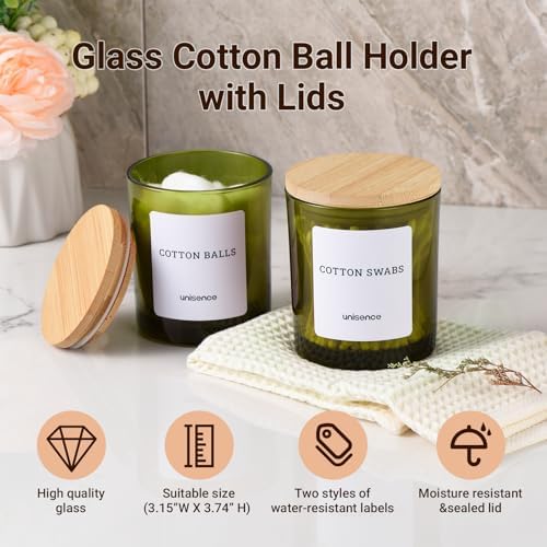 2 Pack Glass Qtip Holder Dispenser Set - Q Tip Holder for Bathroom Canister Qtip Dispenser with Lid for Cotton Balls, Swabs, Floss Picks, and Makeup Sponges ,Olive Green,Large Capacity