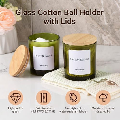 2 Pack Glass Qtip Holder Dispenser Set - Q Tip Holder for Bathroom Canister Qtip Dispenser with Lid for Cotton Balls, Swabs, Floss Picks, and Makeup Sponges ,Olive Green,Large Capacity
