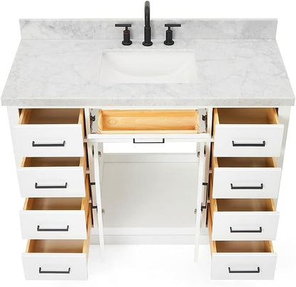 Isabella 48-Inch Bathroom Vanity with Sink — White Single Sink Bathroom Vanity, 1.5" Edge Italian Carrara Marble Top, Solid Wood, 2 Soft-Close Doors, 8 Dovetail Drawers + Tilt Drawer