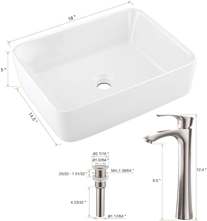 19 Inch White Vessel Sink with Faucet and Drain Combo,19x15 Bathroom Sink Rectangular Above Counter Porcelain Ceramic Bathroom White Toilet Sink Hand Wash Vessel Vanity Sink Art Basin